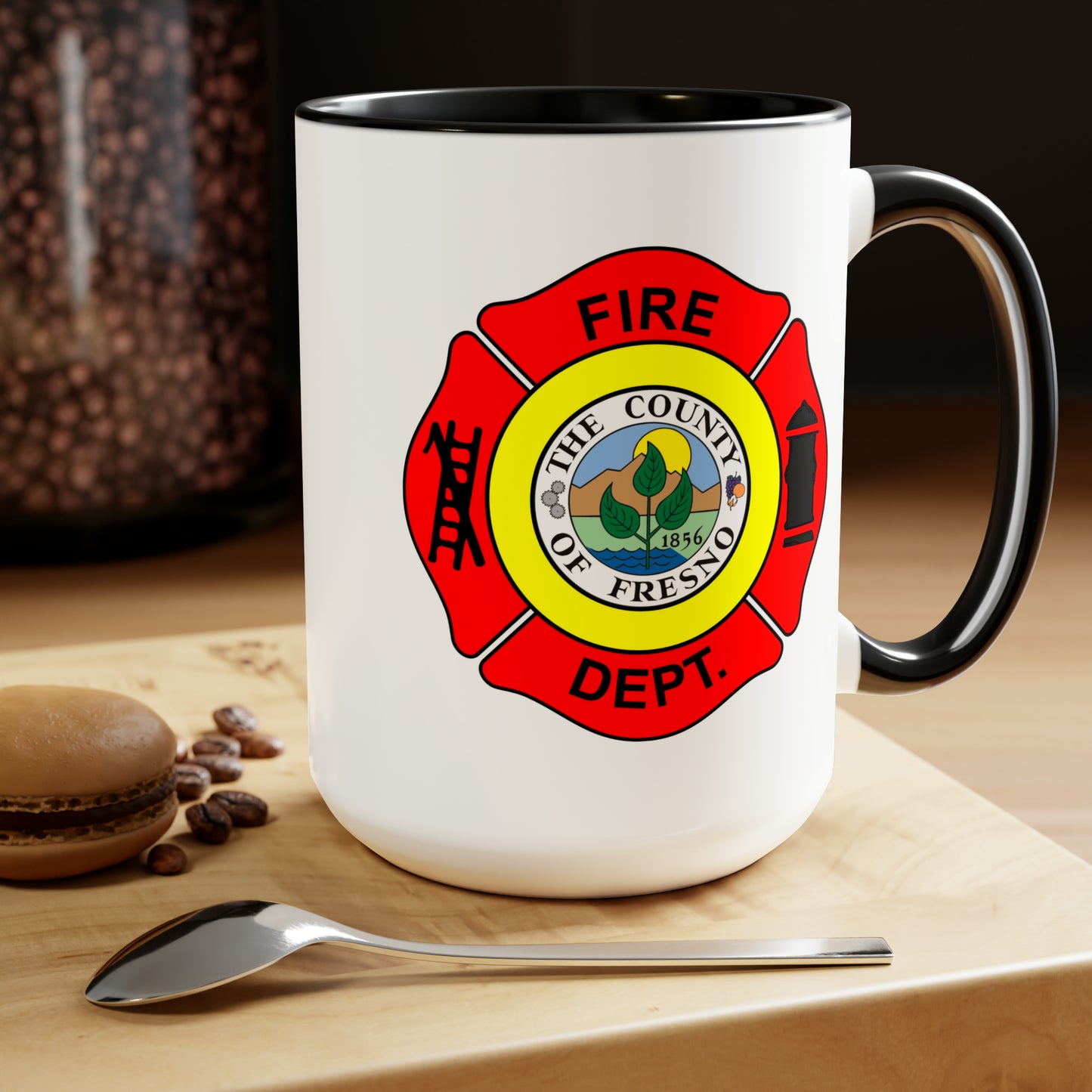 Fresno Fire Department Coffee Mug - Double Sided Black Accent White Ceramic 15oz by TheGlassyLass.com