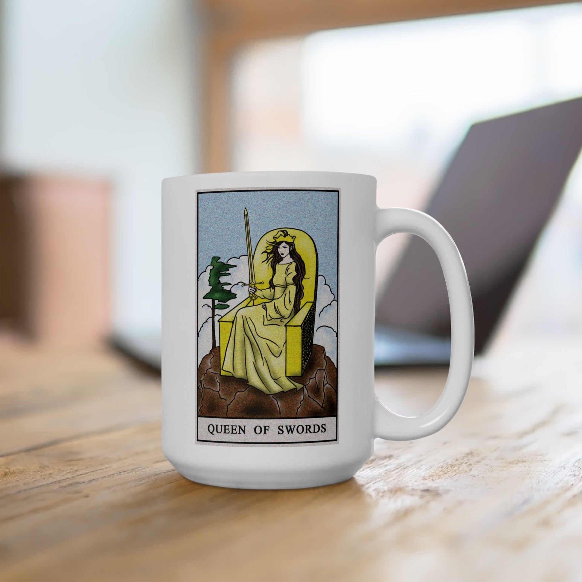 Queen of Swords Tarot Card Coffee Mug - Double Sided White Ceramic 15oz by TheGlassyLass.com