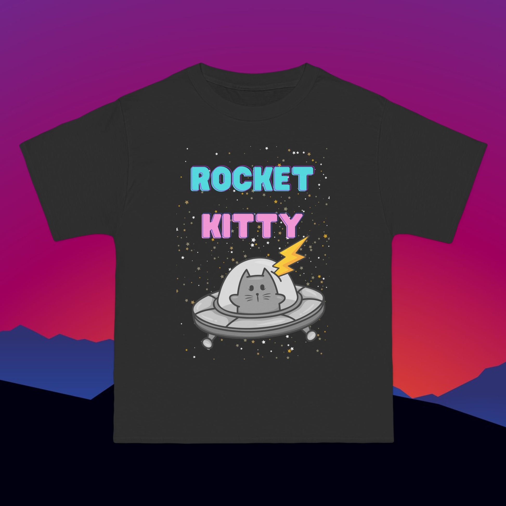 Rocket Kitty T-Shirt: (Hanes Beefy-T 100% Preshrunk Cotton Custom Printed by TheGlassyLass.com