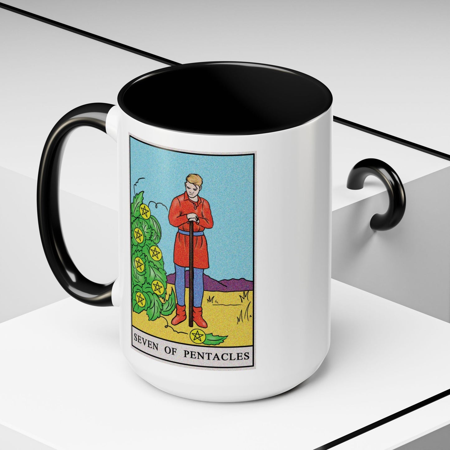 ﻿Seven of Pentacles Tarot Card Coffee Mug - Double Sided Black Accent White Ceramic 15oz by TheGlassyLass