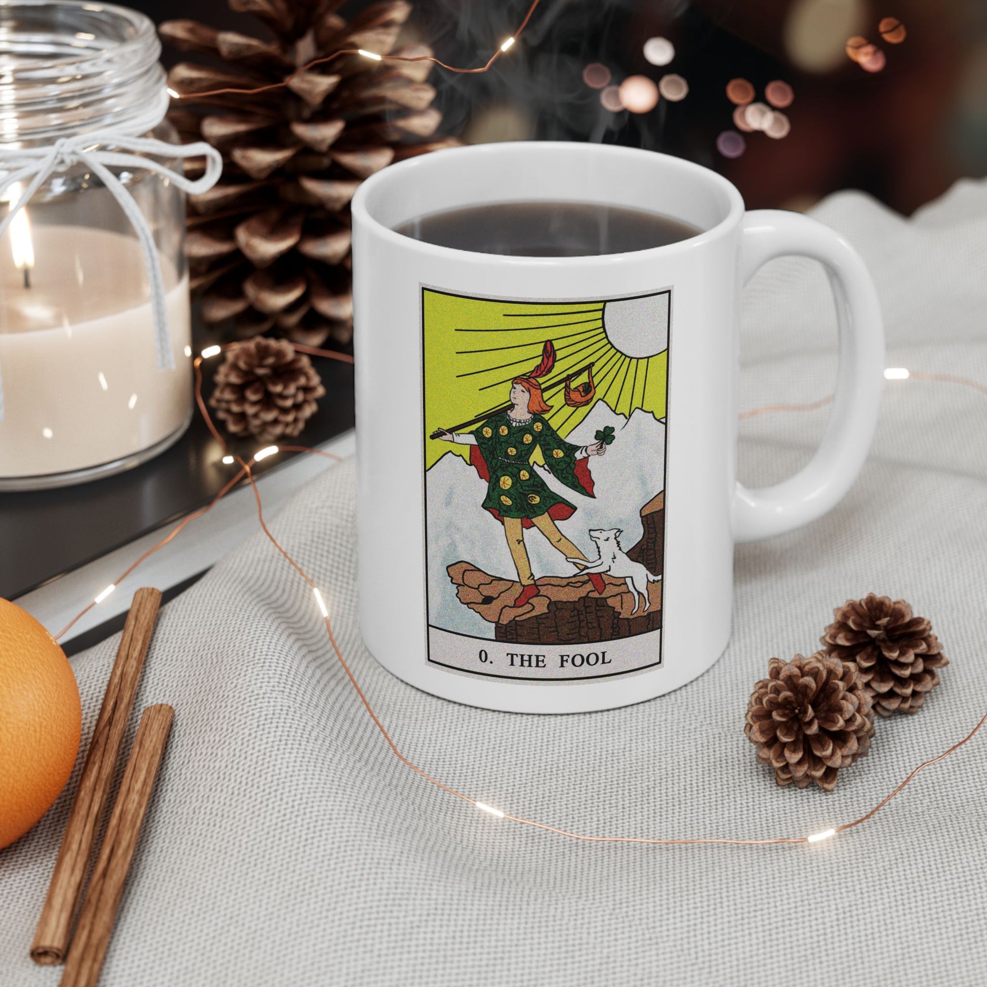The Fool Tarot Card Coffee Mug - Double Sided Print, White Ceramic, 11oz by TheGlassyLass.com