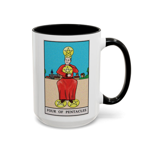 Four of Pentacles Tarot Card Coffee Mug - Double Sided Black Accent White Ceramic 15oz by TheGlassyLass.com