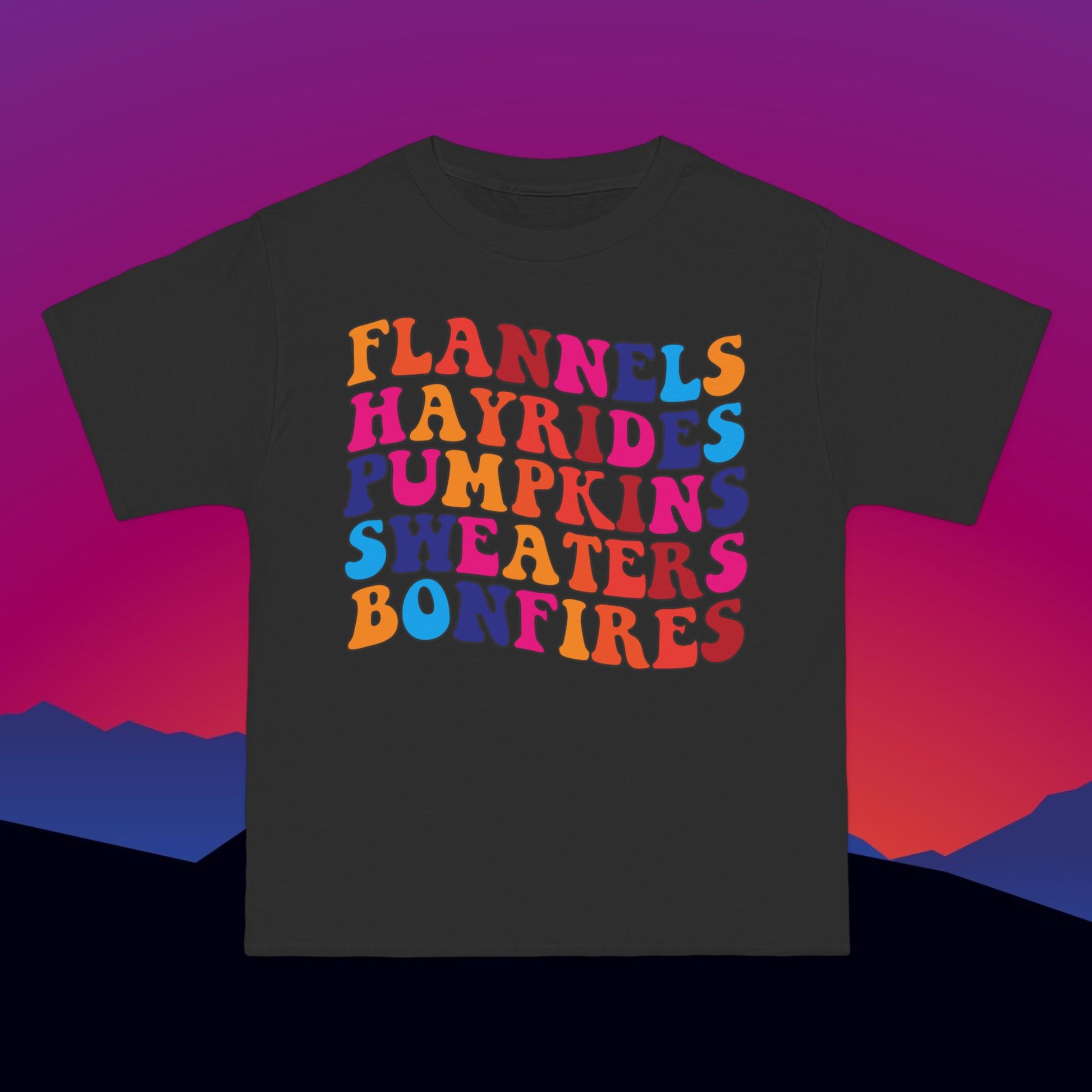 Flannels Hayrides Pumpkins Sweaters Bonfires T-Shirt: (Hanes Beefy-T 100% Preshrunk Cotton Custom Printed by TheGlassyLass.com