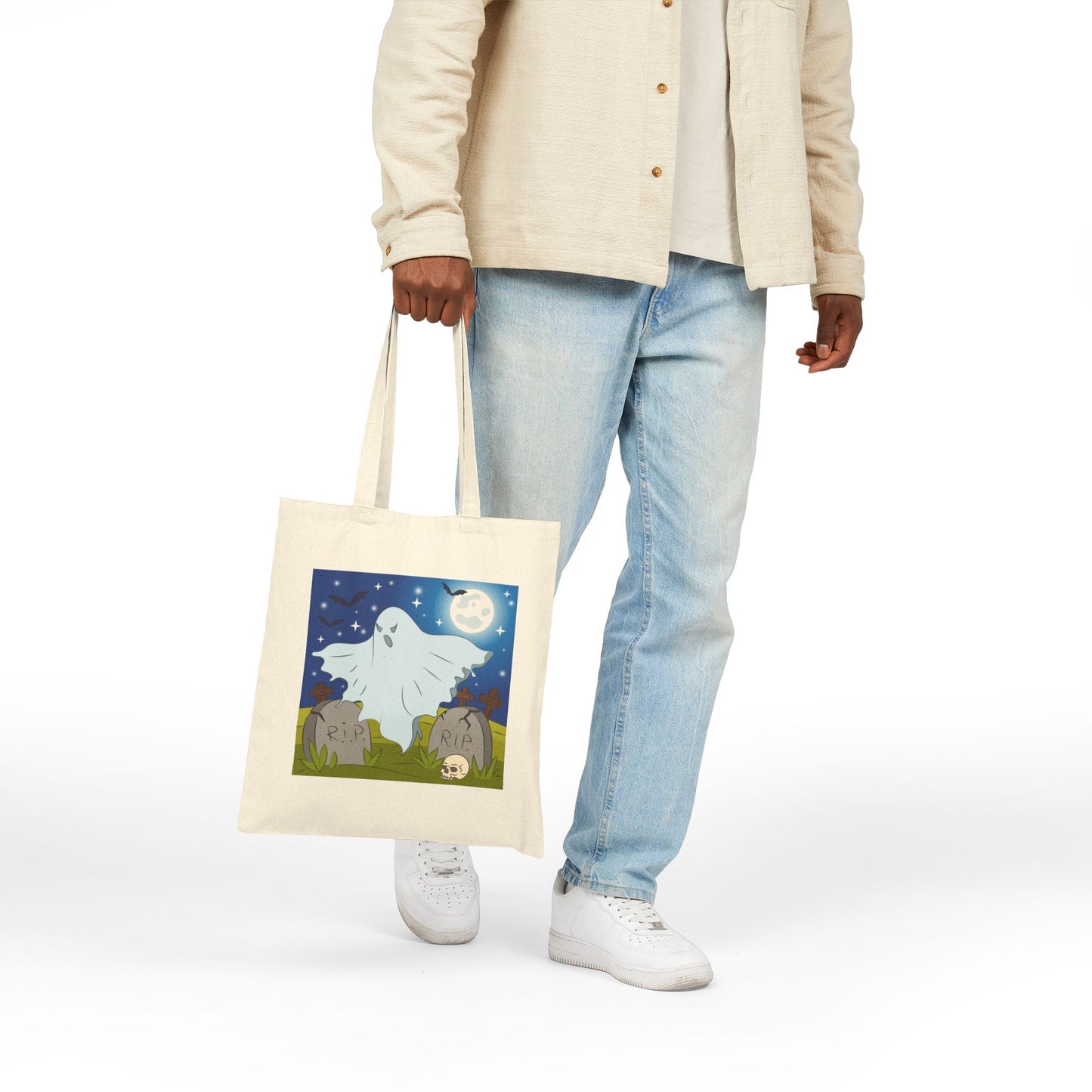 Graveyard Ghost Haunted Halloween Trick or Treat Tote Bag - Heavyweight 100% Cotton Canvas by TheGlassyLass.com