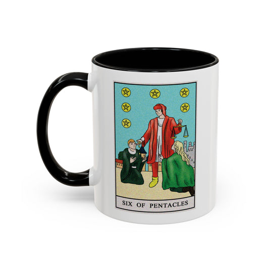 Six of Pentacles Tarot Card Coffee Mug - Double Sided Print, Black Accent White Ceramic, 11oz by TheGlassyLass.com