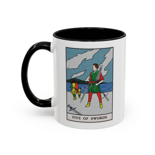 Five of Swords Tarot Card Coffee Mug - Double Sided Print, Black Accent White Ceramic, 11oz by TheGlassyLass.com