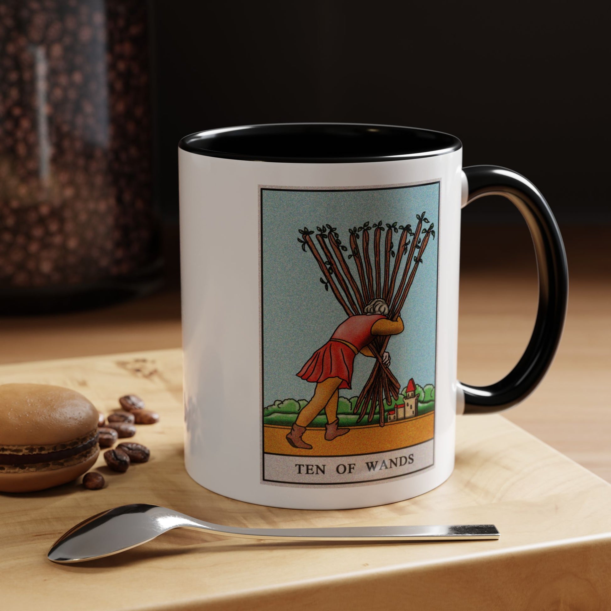 Ten of Wands Tarot Card Coffee Mug - Double Sided Print, Black Accent White Ceramic, 11oz by TheGlassyLass.com
