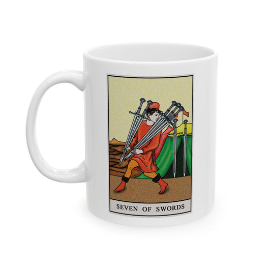 Seven of Swords Tarot Card Coffee Mug - Double Sided Print, White Ceramic, 11oz by TheGlassyLass.com