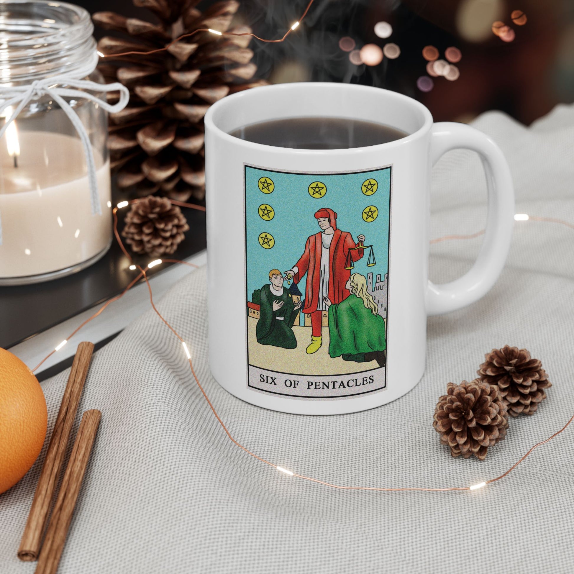 Six of Pentacles Tarot Card Coffee Mug - Double Sided Print, White Ceramic, 11oz by TheGlassyLass.com