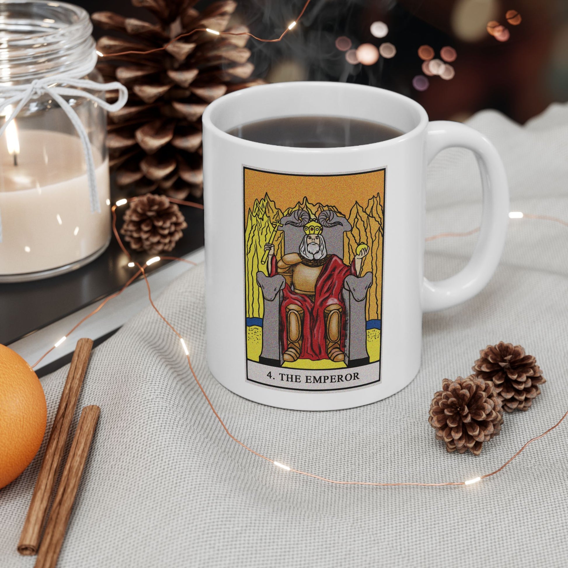 The Emperor Tarot Card Coffee Mug - Double Sided Print, White Ceramic, 11oz by TheGlassyLass.com