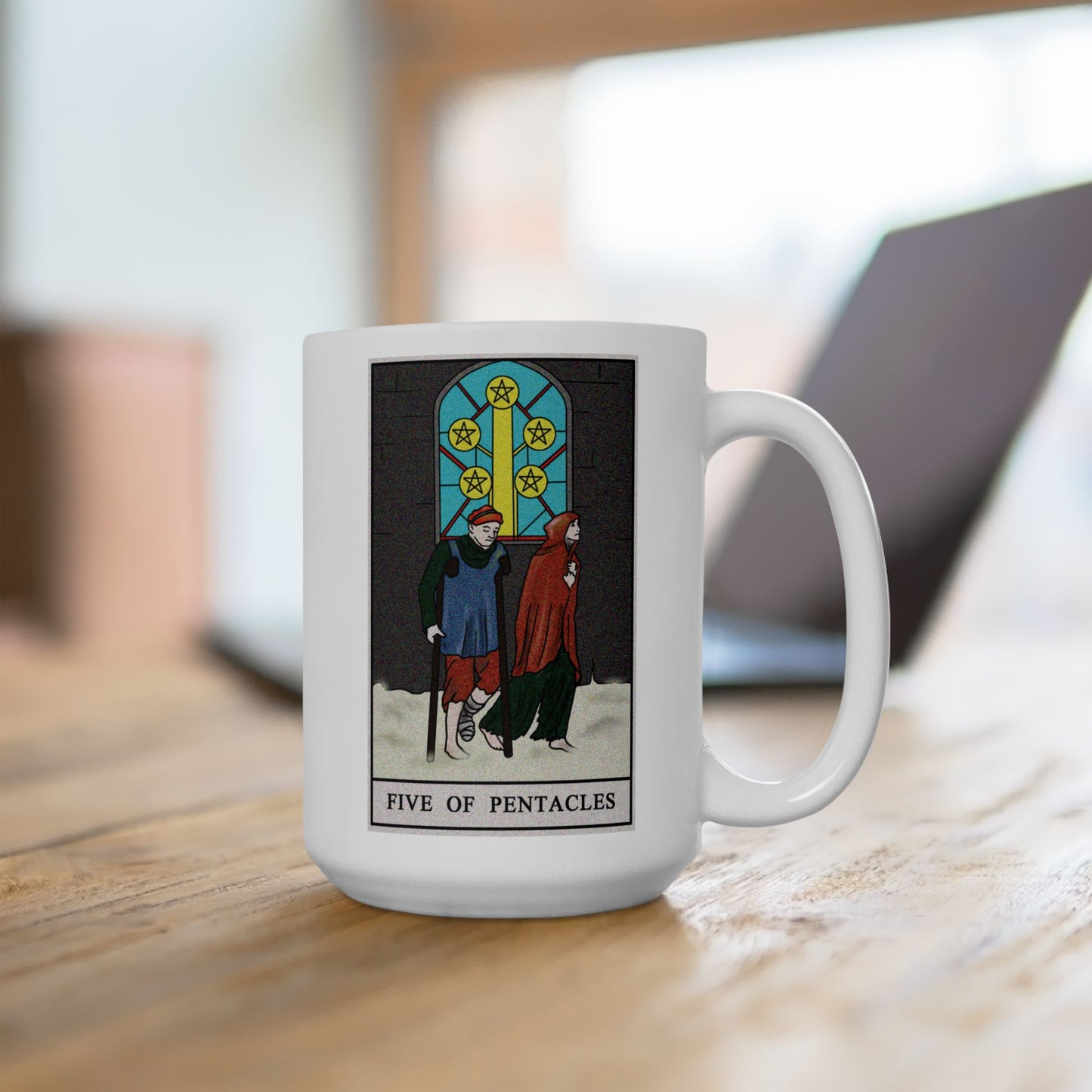 Five of Pentacles Tarot Card Coffee Mug - Double Sided White Ceramic 15oz by TheGlassyLass.com