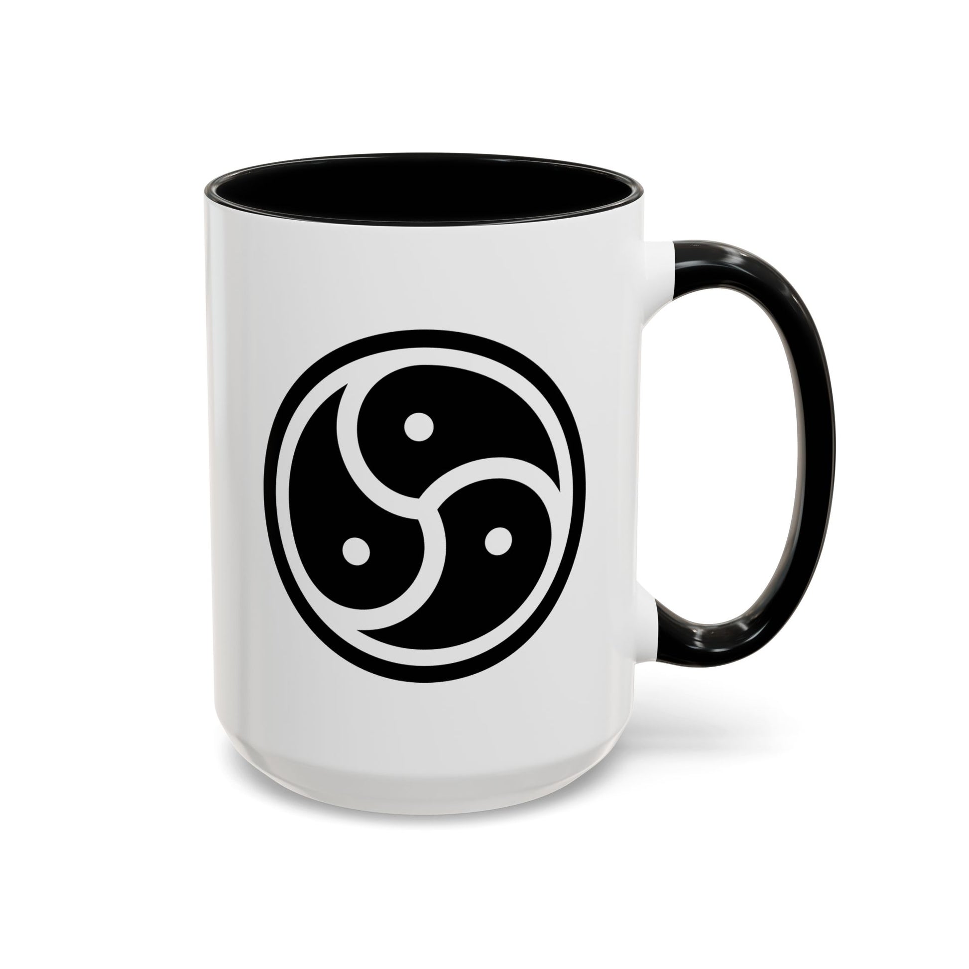 Tri Yin Yang Symbol Coffee Mug - Double Sided Print, Black Accent White Ceramic, 15oz by TheGlassyLass.com