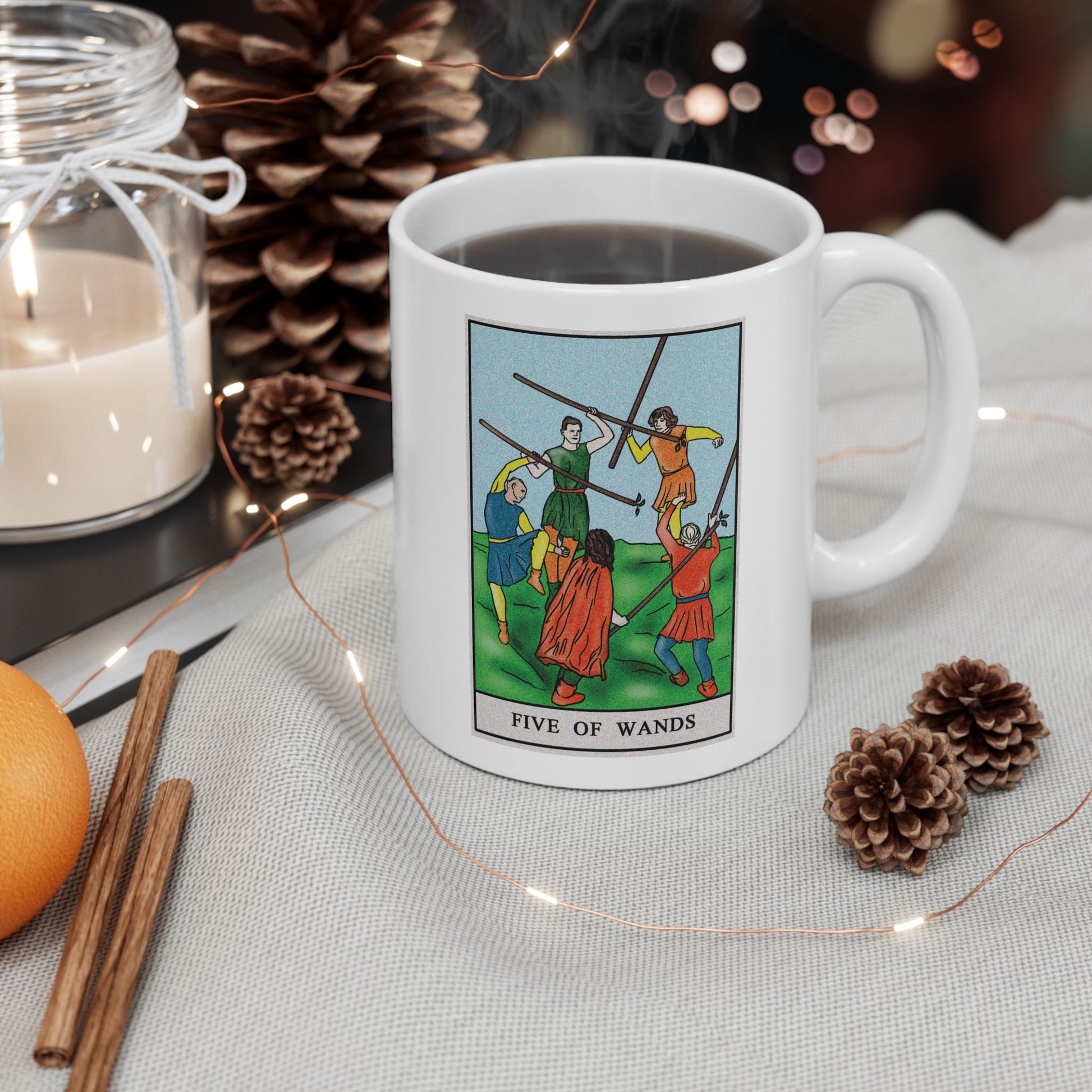 Five of Wands of Wands Tarot Card Coffee Mug - Double Sided Print, White Ceramic, 11oz by TheGlassyLass.com