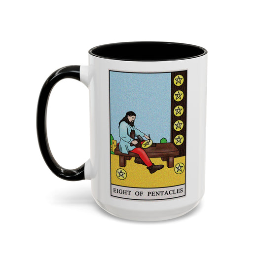 Eight of Pentacles Tarot Card Coffee Mug - Double Sided Black Accent White Ceramic 15oz by TheGlassyLass.com
