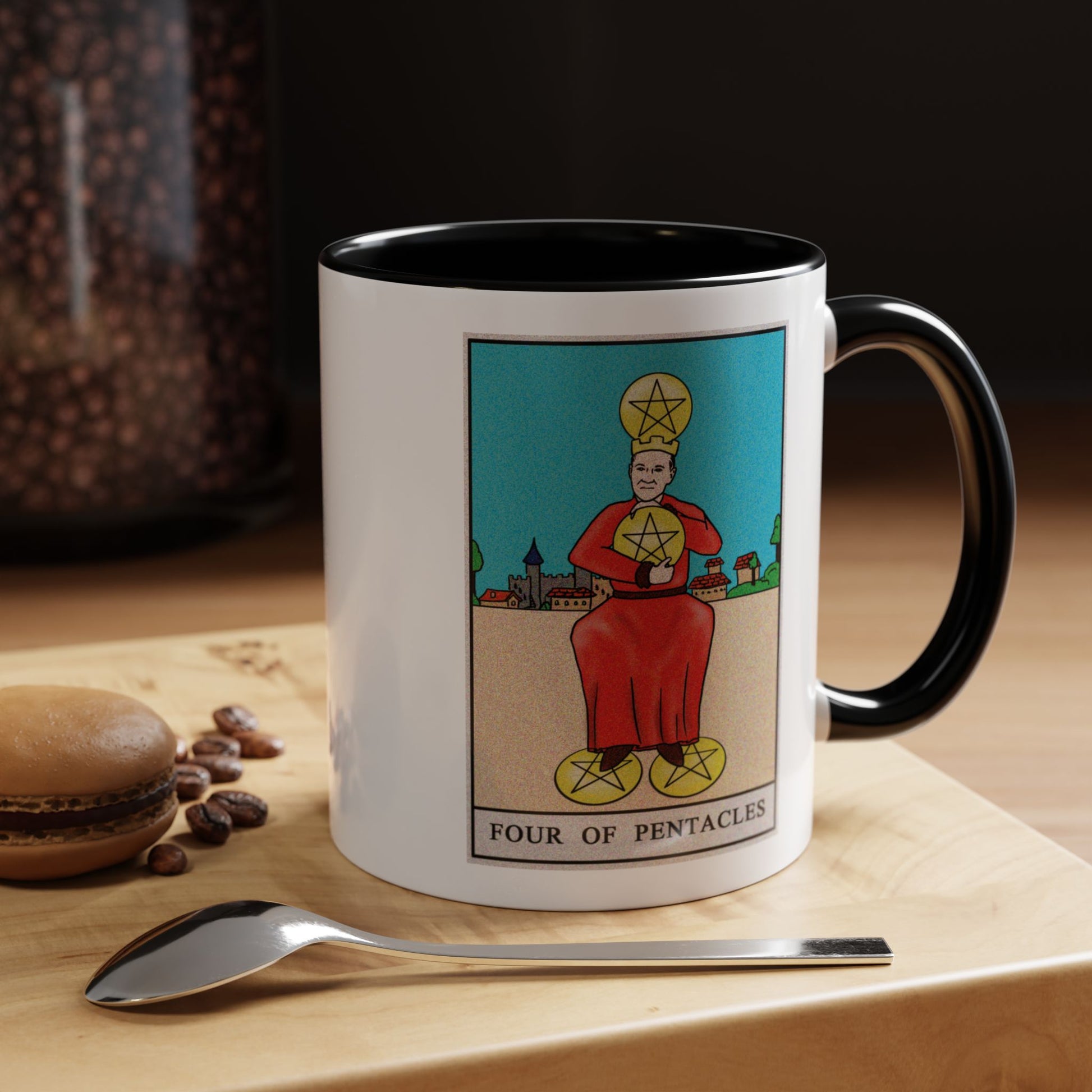 Four of Pentacles Tarot Card Coffee Mug - Double Sided Print, Black Accent White Ceramic, 11oz by TheGlassyLass.com