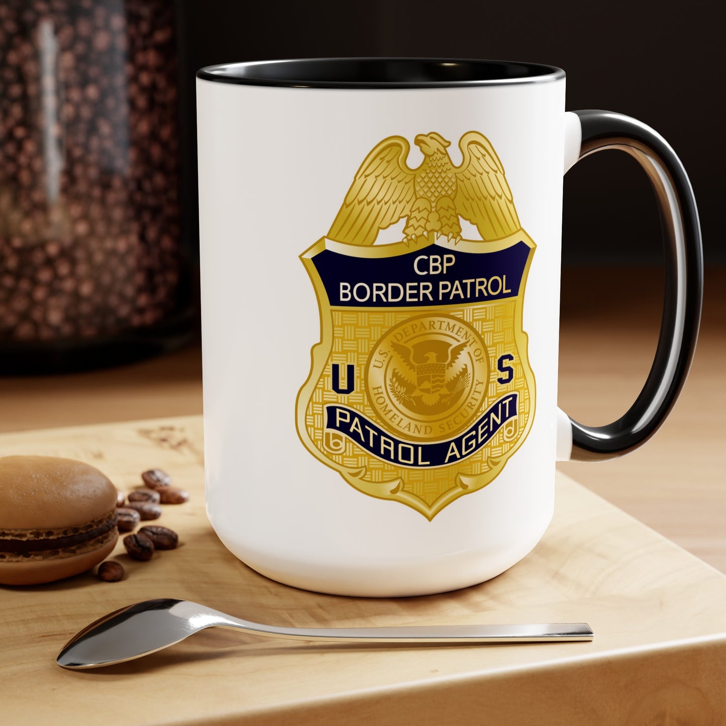 US CBP Patrol Agent Badge Coffee Mug - Double Sided Black Accent White Ceramic 15oz by TheGlassyLass.com