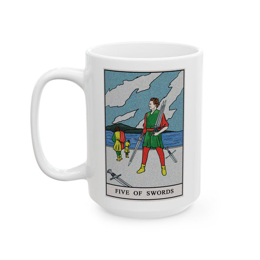 Five of Swords Tarot Card Coffee Mug - Double Sided White Ceramic 15oz by TheGlassyLass.com