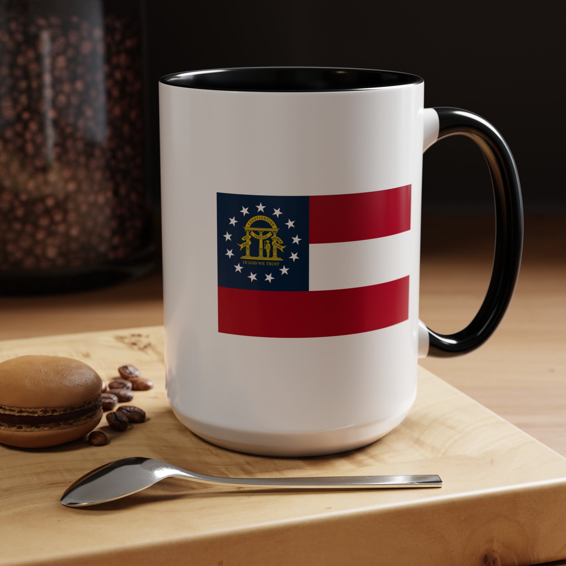 Georgia State Flag - Double Sided Black Accent White Ceramic Coffee Mug 15oz by TheGlassyLass.com