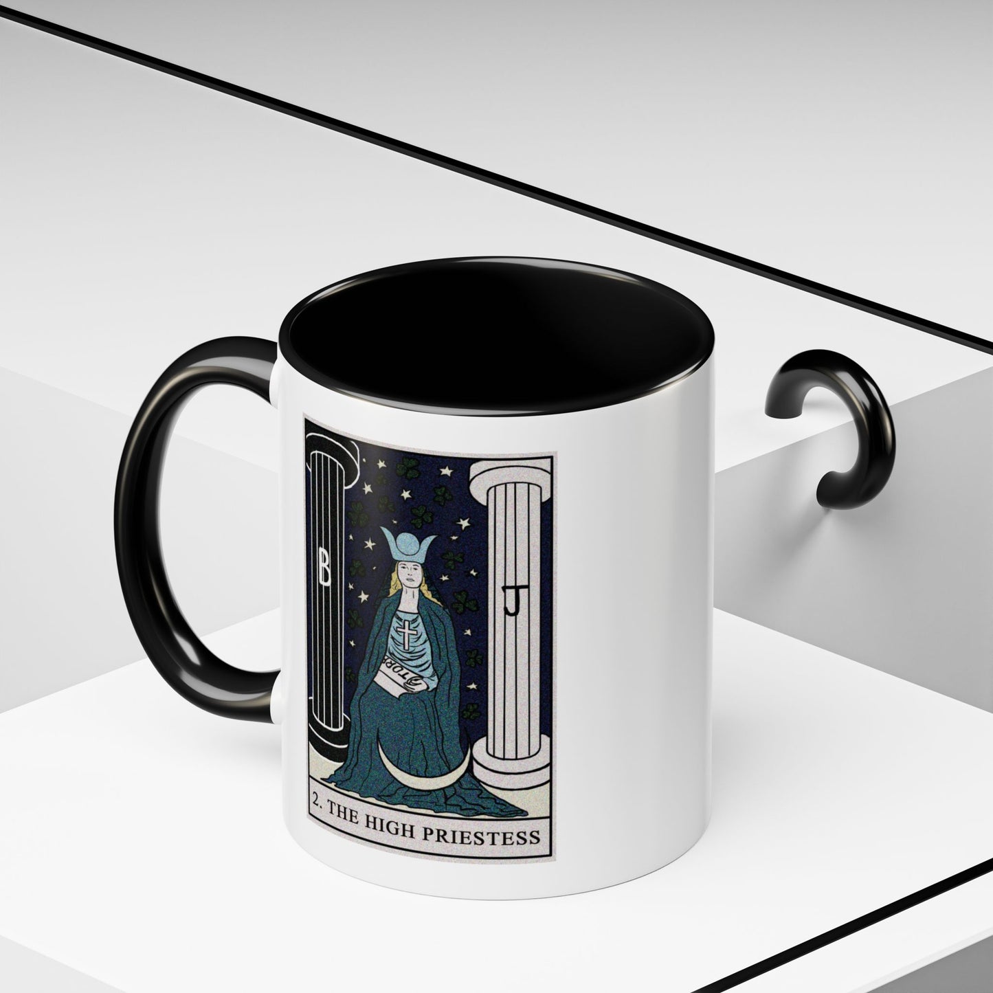 The High Priestess Tarot Card Coffee Mug - Double Sided Print, Black Accent White Ceramic, 11oz by TheGlassyLass.com
