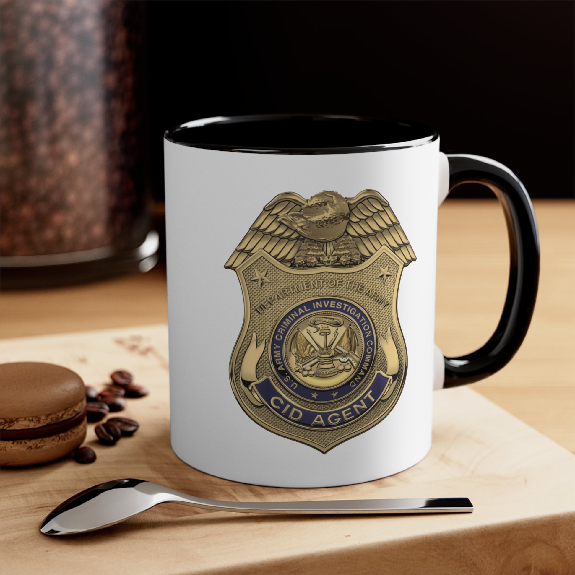 Army CID Agent Badge Coffee Mug - Double Sided Black Accent White Ceramic 11oz by TheGlassyLass.com