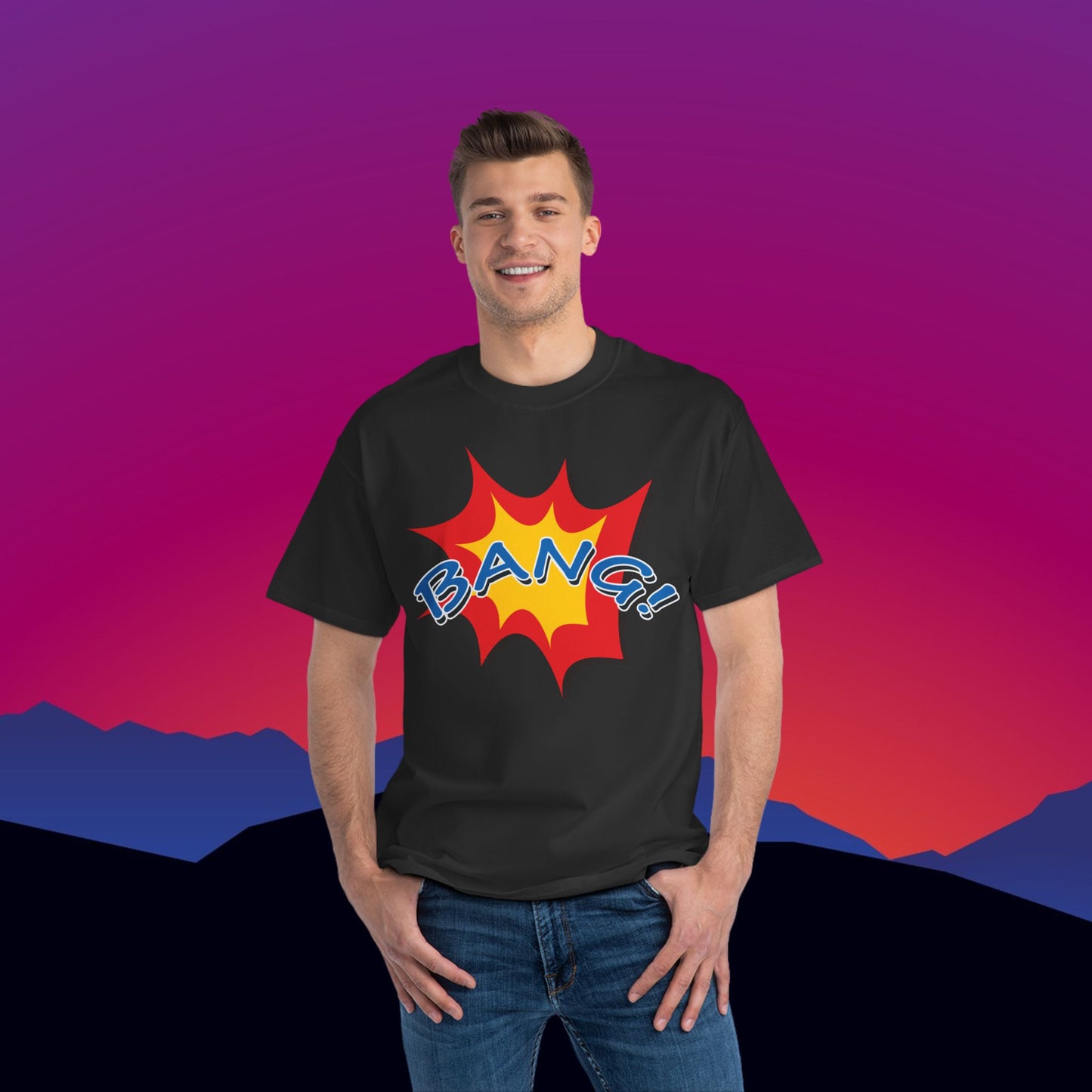 Bang Superhero T-Shirt: (Hanes Beefy-T 100% Preshrunk Cotton) Custom Printed by TheGlassyLass.com