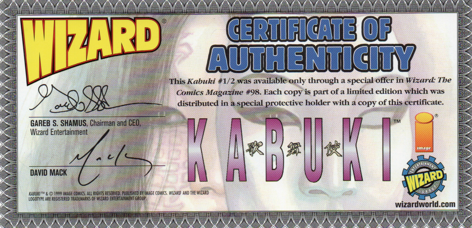 Kabuki #1/2 (Wizard Variant) Comic Book by David Mack From TheGlassyLass.com - Certificate of Authenticity